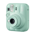 Fujifilm instax mini 13 Lagoon Green instant camera front three-quarter view