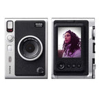 Fujifilm Instax Mini Evo Black silver-and-black hybrid instant camera front and rear views