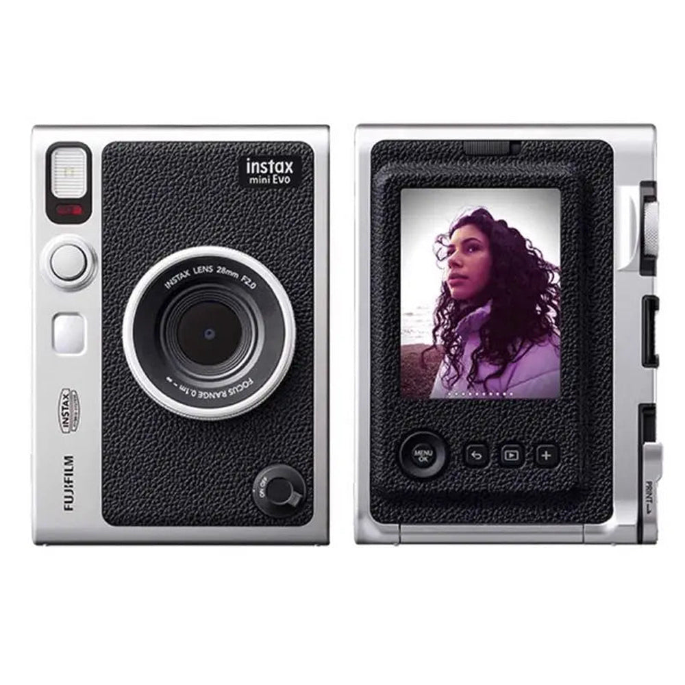 Fujifilm Instax Mini Evo Black silver-and-black hybrid instant camera front and rear views