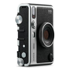 Fujifilm Instax Mini Evo Black hybrid instant camera three-quarter side view showing film and lens effect dials