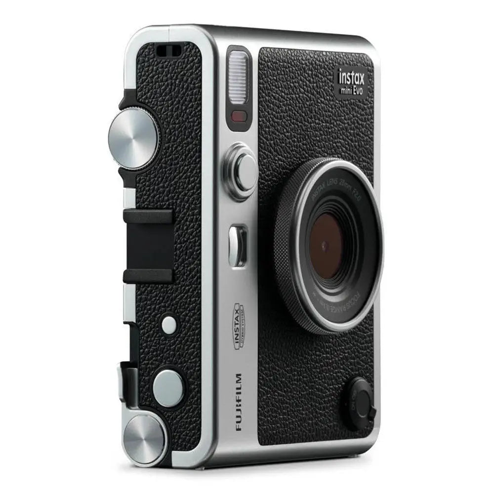 Fujifilm Instax Mini Evo Black hybrid instant camera three-quarter side view showing film and lens effect dials