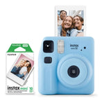 Blue Fujifilm Instax Mini SE instant camera with 10-sheet Instax Mini film pack and sample print