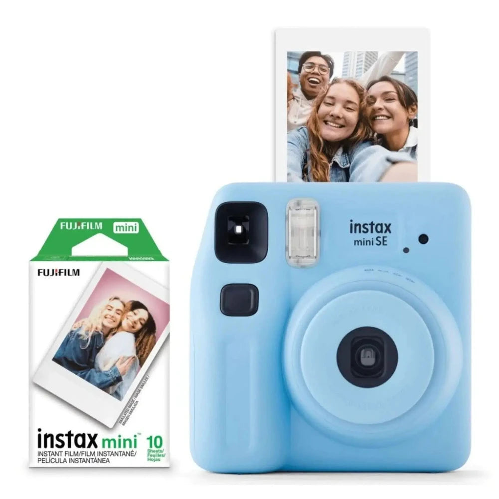 Blue Fujifilm Instax Mini SE instant camera with 10-sheet Instax Mini film pack and sample print