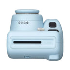 Fujifilm Instax Mini SE blue camera top and rear angle showing exposure symbols and film exit slot
