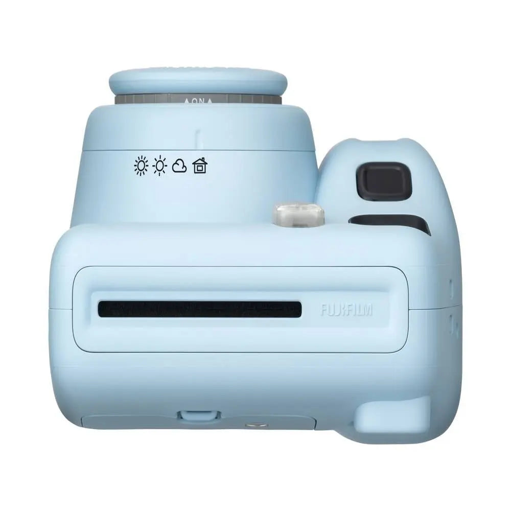 Fujifilm Instax Mini SE blue camera top and rear angle showing exposure symbols and film exit slot