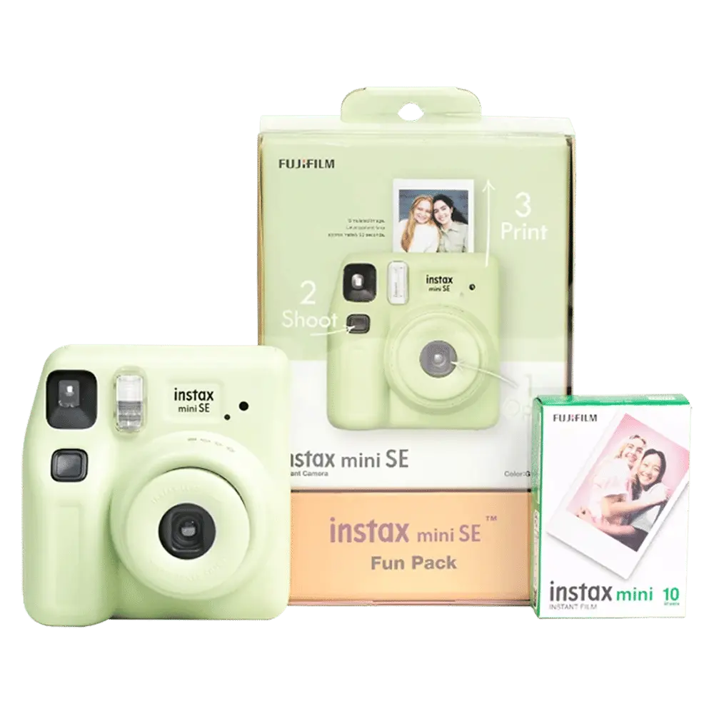 Fujifilm Instax Mini SE Fun Pack green camera with retail box and 10-shot Instax Mini film pack