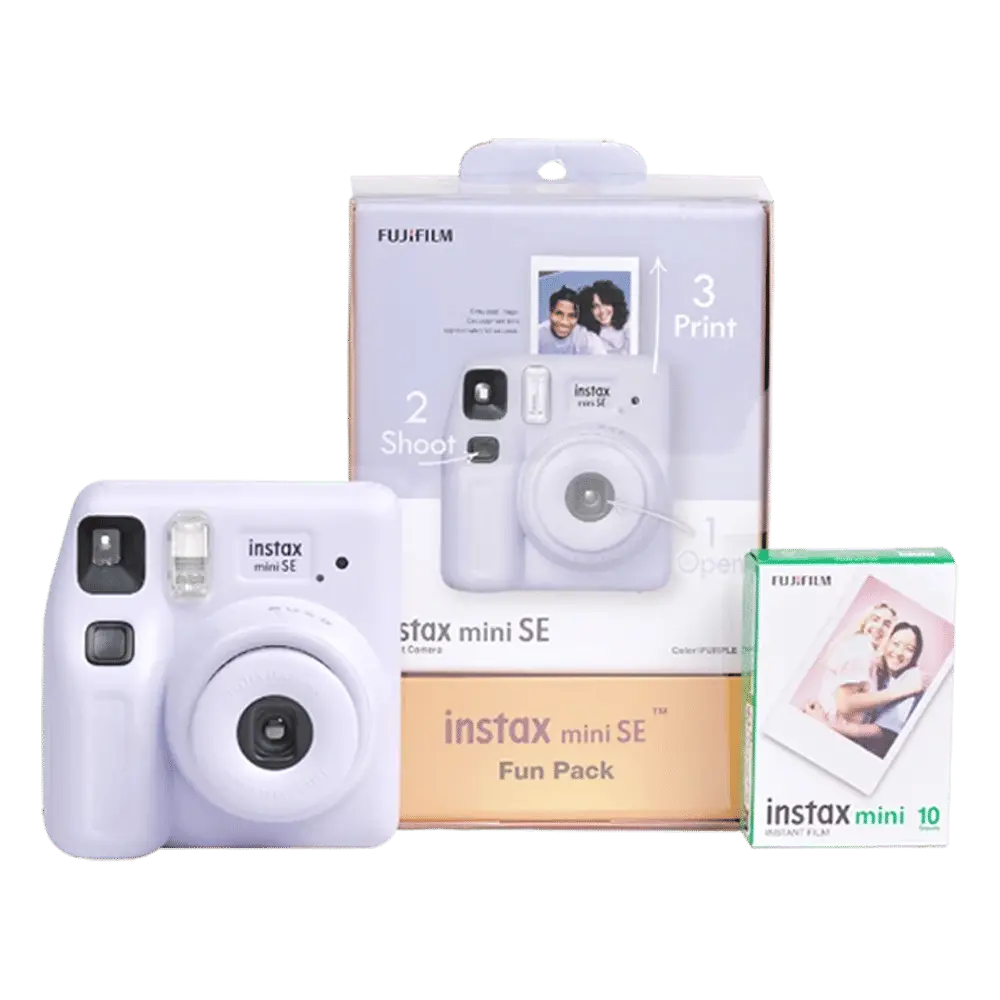 Fujifilm Instax Mini SE Purple Fun Pack camera, retail box and 10-shot film pack