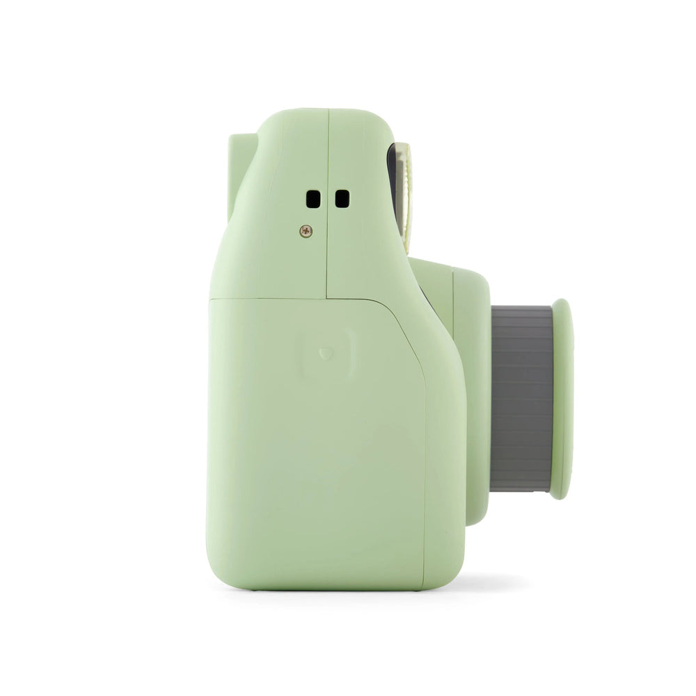Fujifilm Instax Mini SE seafoam green instant camera side profile with extended lens