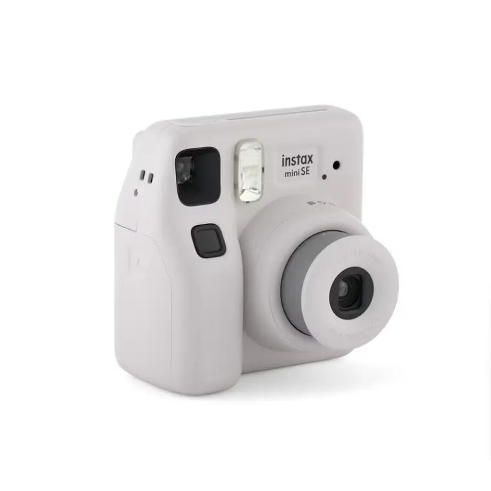 Fujifilm Instax Mini SE grey camera three-quarter front view with extended lens