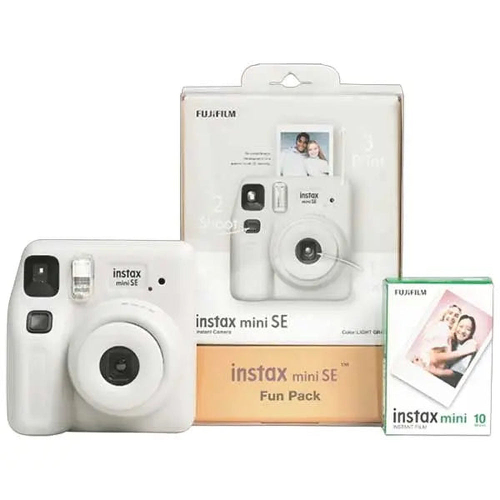 Fujifilm Instax Mini SE grey Fun Pack camera, retail box and 10-shot film