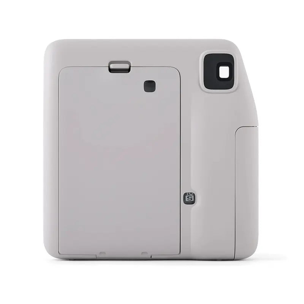 Fujifilm Instax Mini SE grey camera rear view showing film compartment and viewfinder