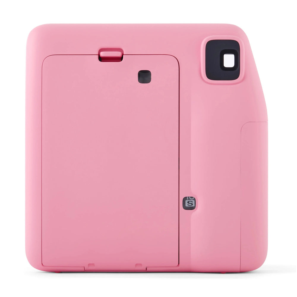 Fujifilm Instax Mini SE pink instant camera rear view showing film door and viewfinder