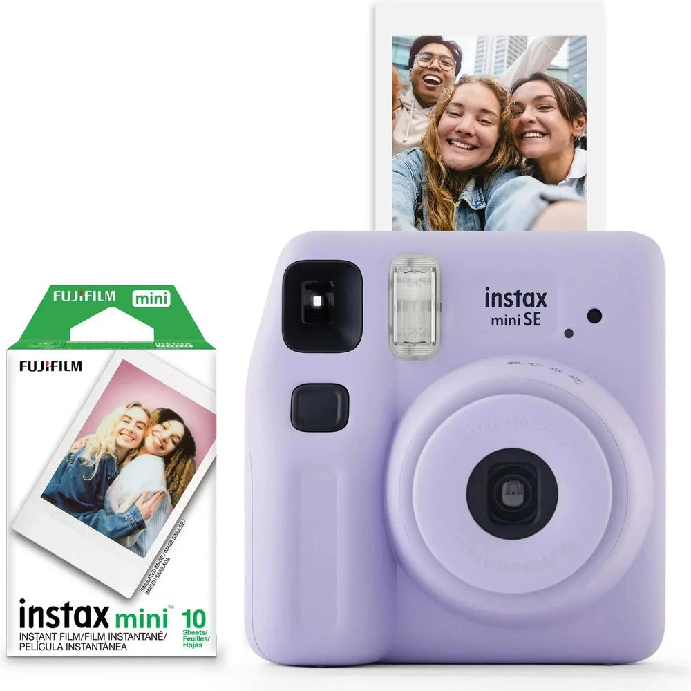 Fujifilm Instax Mini SE Purple instant camera with Instax Mini film pack and sample print