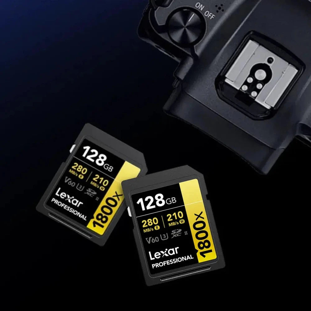 Lexar Professional 1800x 128GB SDXC UHS-II V60 memory cards beside a camera