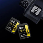 Lexar Professional 1800x 128GB SDXC UHS-II V60 memory cards beside a camera
