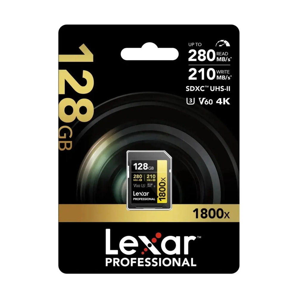 Lexar Professional 1800x 128GB SDXC UHS-II V60 memory card retail package