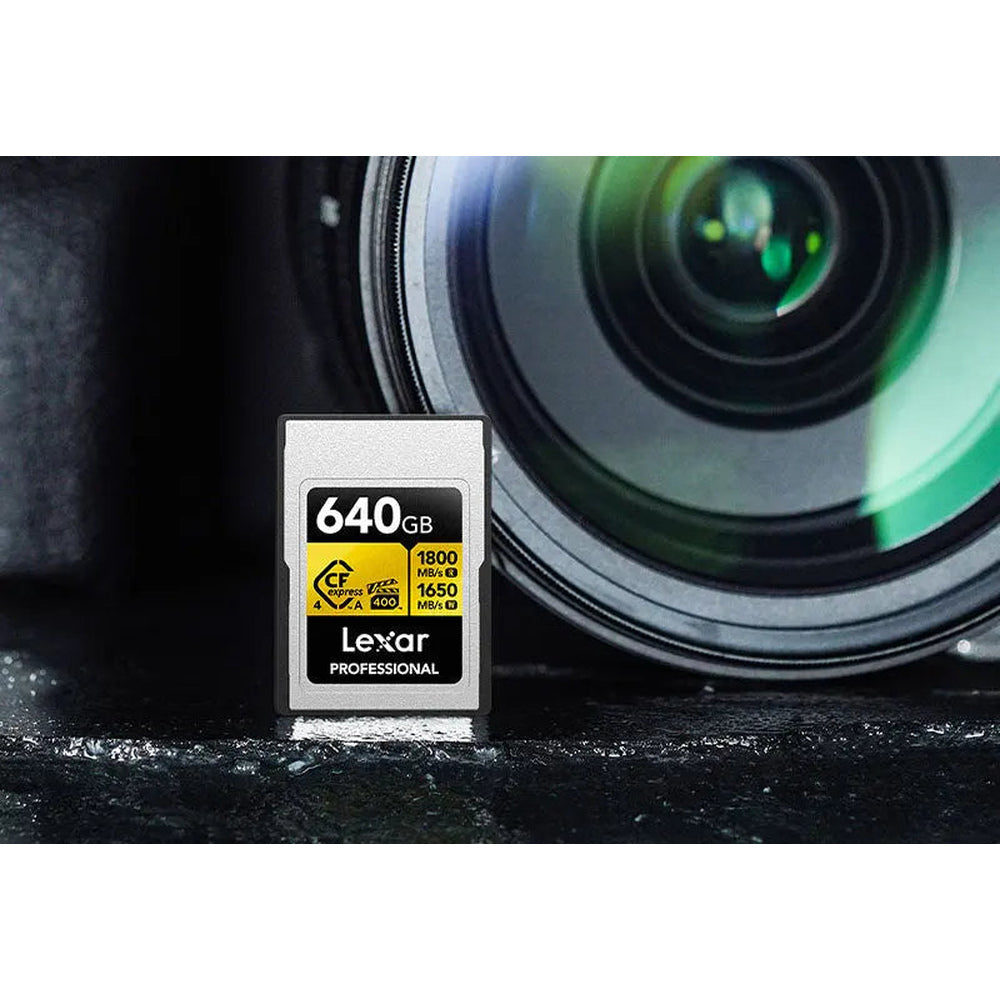 Lexar GOLD 640GB CFexpress Type A memory card photographed beside camera lens