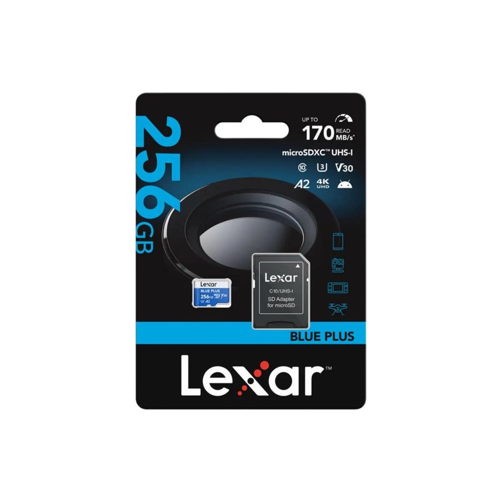 Lexar BLUE PLUS 256GB microSDXC UHS-I retail pack showing 170MB/s A2 V30 card and SD adapter