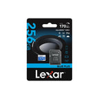 Lexar BLUE PLUS 256GB microSDXC UHS-I retail pack showing 170MB/s A2 V30 card and SD adapter