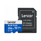 Lexar BLUE PLUS 256GB microSDXC UHS-I memory card beside black SD adapter for cameras and card readers