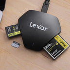 Lexar Professional 3-in-1 USB 3.1 Multi-Card Reader LRW500URB - connected with memory cards
