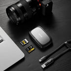 Lexar RW530 card reader in use with a camera, computer and memory cards