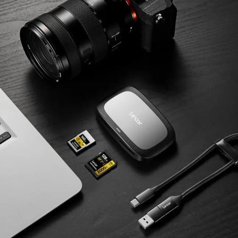 Lexar RW530 card reader in use with a camera, computer and memory cards