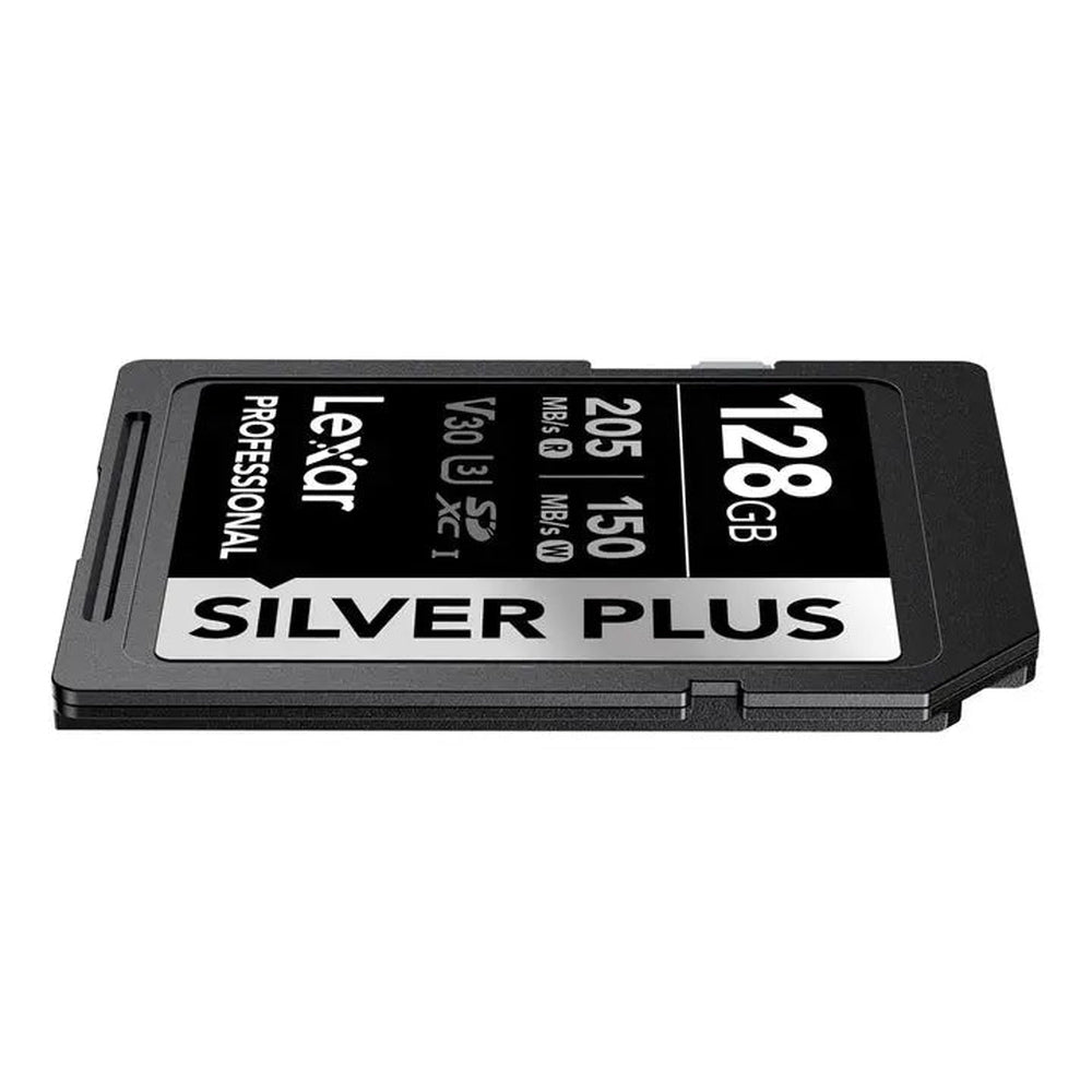 Lexar Professional SILVER PLUS 128GB SDXC UHS-I V30 memory card close-up