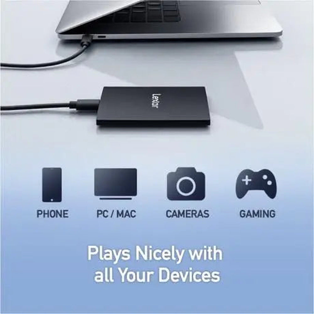 Lexar SL500 1TB portable USB-C SSD connected to laptop