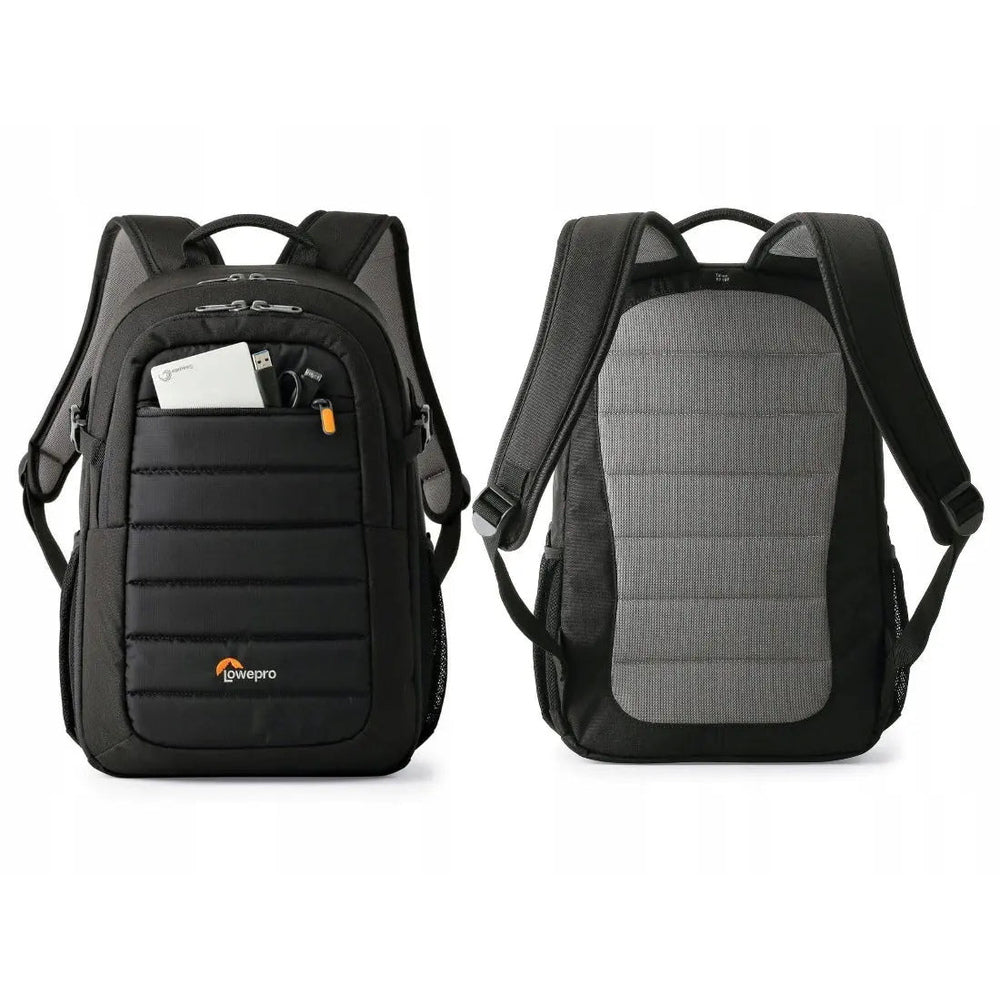 Lowepro Tahoe BP 150 black backpack front and back with padded shoulder straps