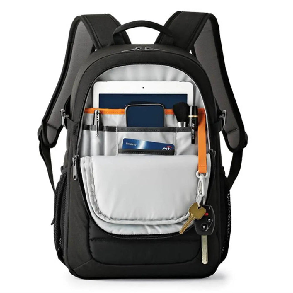 Lowepro Tahoe BP 150 black backpack front organizer pocket open
