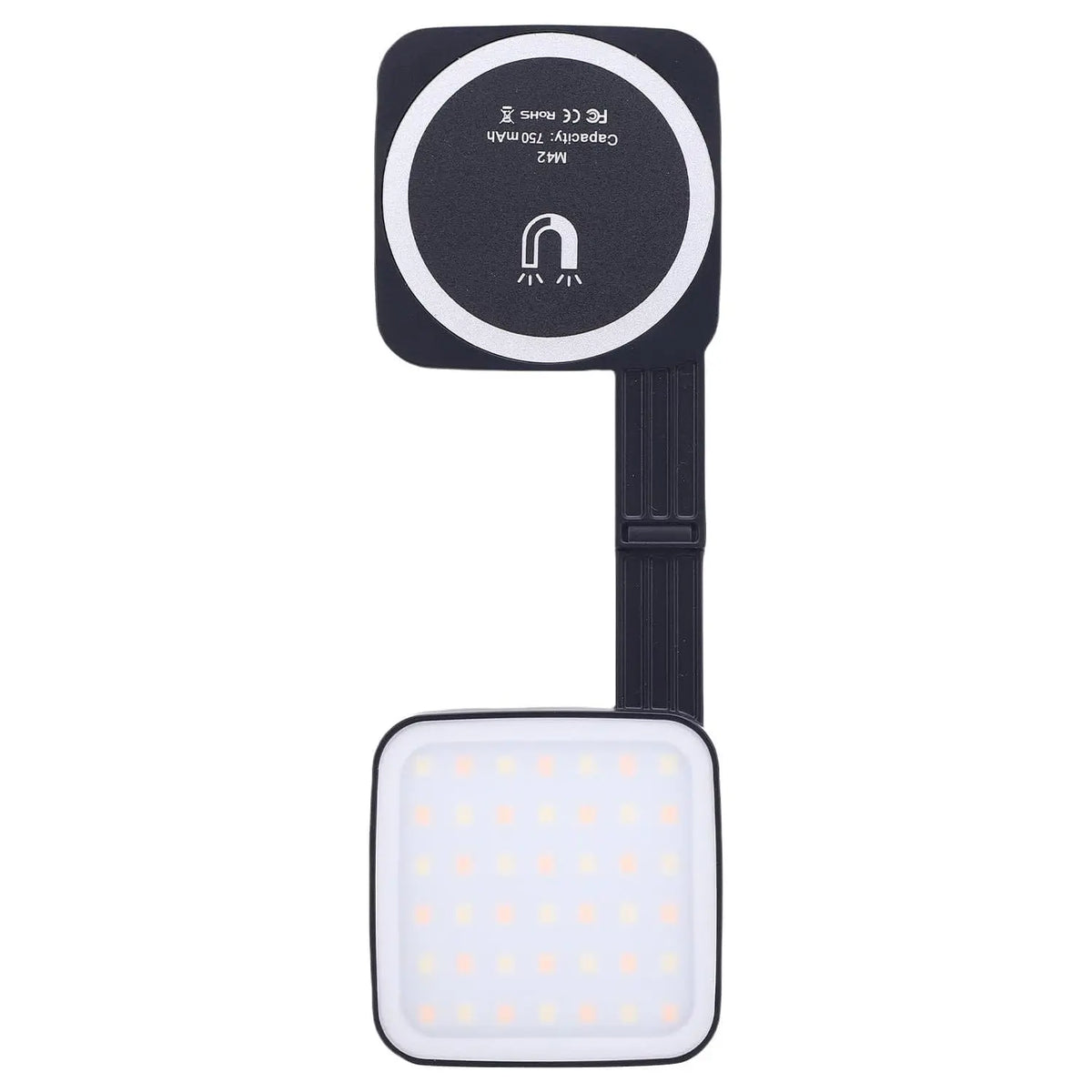 TEKTONIC M42 magnetic LED fill light with extended folding arm, showing the rear magnetic phone mount and front light panel