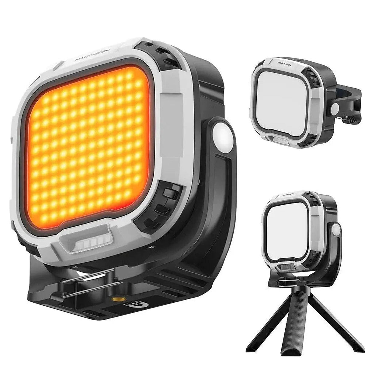 MARTVSEN R7 Pro 28W magnetic video light showing the illuminated LED panel, fitted diffuser and tripod mounting demonstration