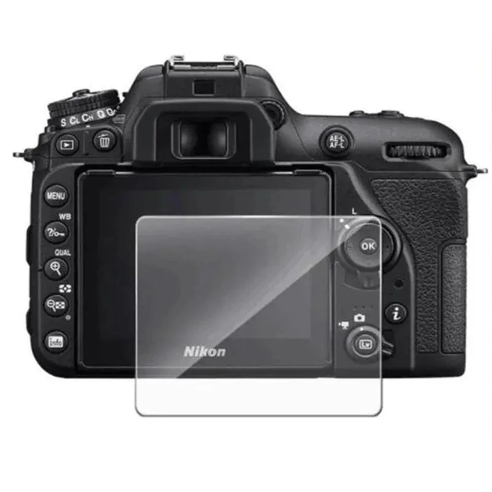 Representative Nikon D7500 LCD glass protector fit demonstration; generic unbranded clear glass, exact TEKTONIC product packaging and edges require confirmation