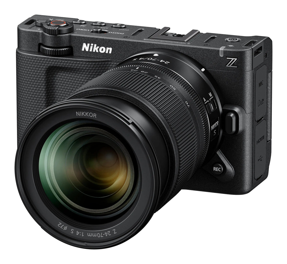 Nikon ZR with NIKKOR Z 24-70mm f/4 S three-quarter left view
