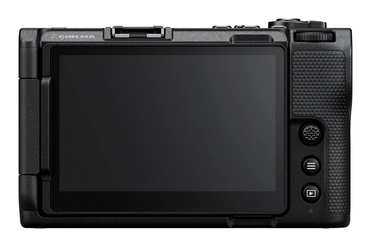 Nikon ZR cinema camera rear view with 4-inch vari-angle monitor