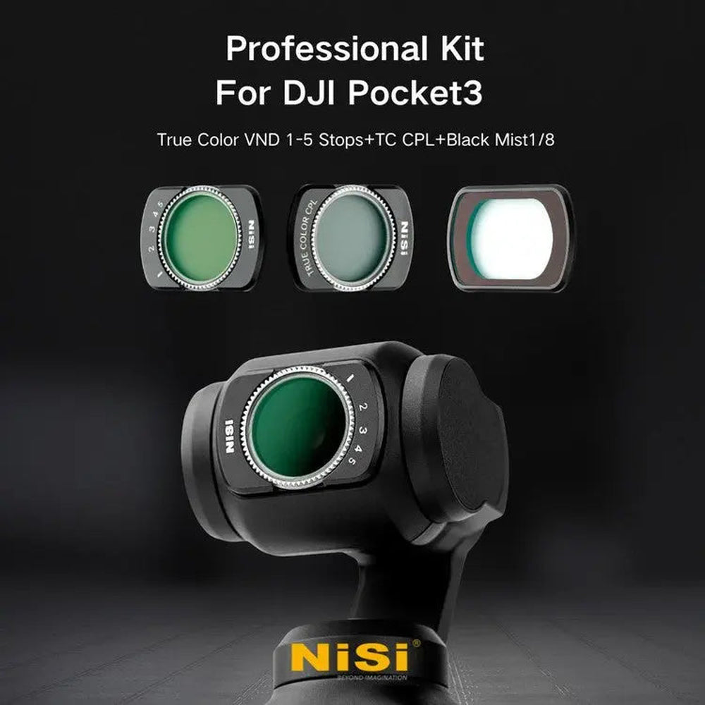 NiSi Professional Filter Kit for DJI Pocket 3 shown with filters and camera