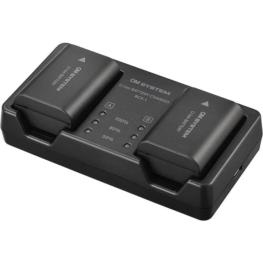 OM SYSTEM BCX-1 Dual Battery Charger with two BLX-1 batteries