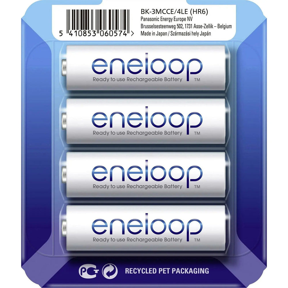 Panasonic Eneloop AA BK-3MCCE four rechargeable cells shown through alternate retail pack
