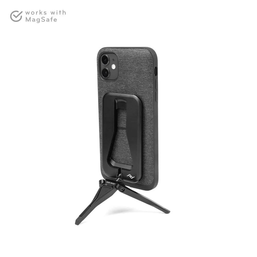 Peak Design Mobile Tripod Magnetic Phone Stand Black – phone mounted in portrait mode