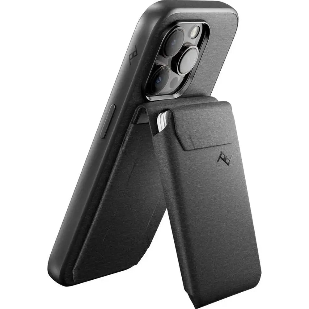 Peak Design Mobile Wallet Stand SlimLink Magnetic Cardholder – Mobile Wallet Stand Charcoal attached to smartphone