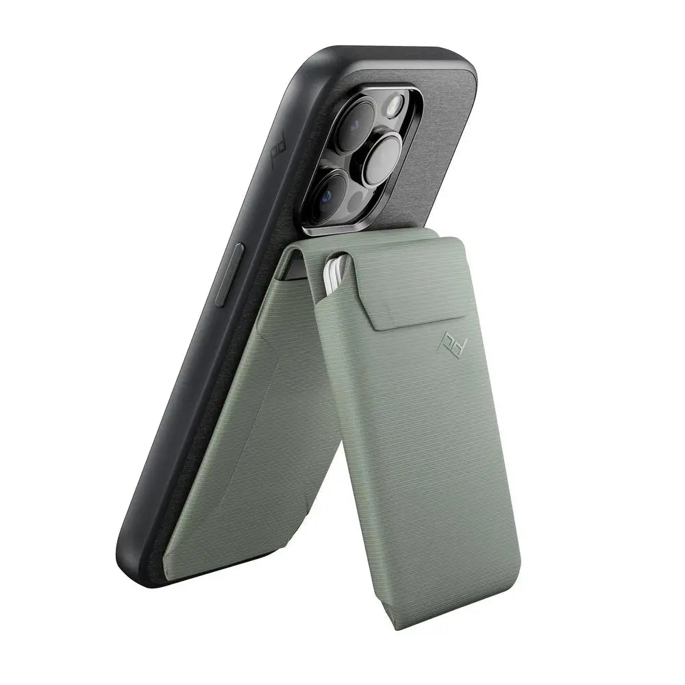 Peak Design Mobile Wallet Stand v2 SlimLink Magnetic Cardholder - Sage – Mobile Wallet Stand v2 Sage attached to smartphone