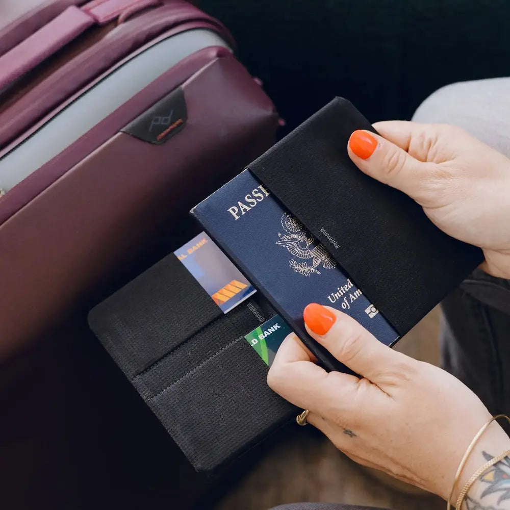 Peak Design Passport Wallet Travel Document Organizer – Passport Wallet Black open with passport and cards