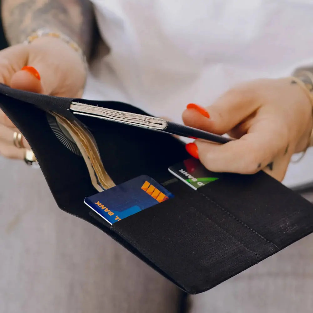 Peak Design Passport Wallet Travel Document Organizer – Passport Wallet Black interior with cards and cash