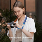 PGYTECH Camera Shoulder Strap Air Bohemian pattern in use with a mirrorless camera
