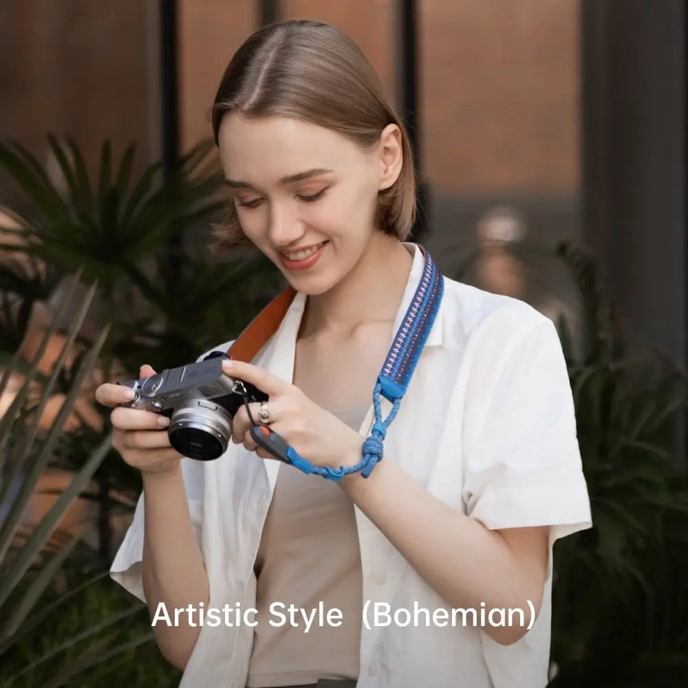 PGYTECH Camera Shoulder Strap Air Bohemian pattern in use with a mirrorless camera