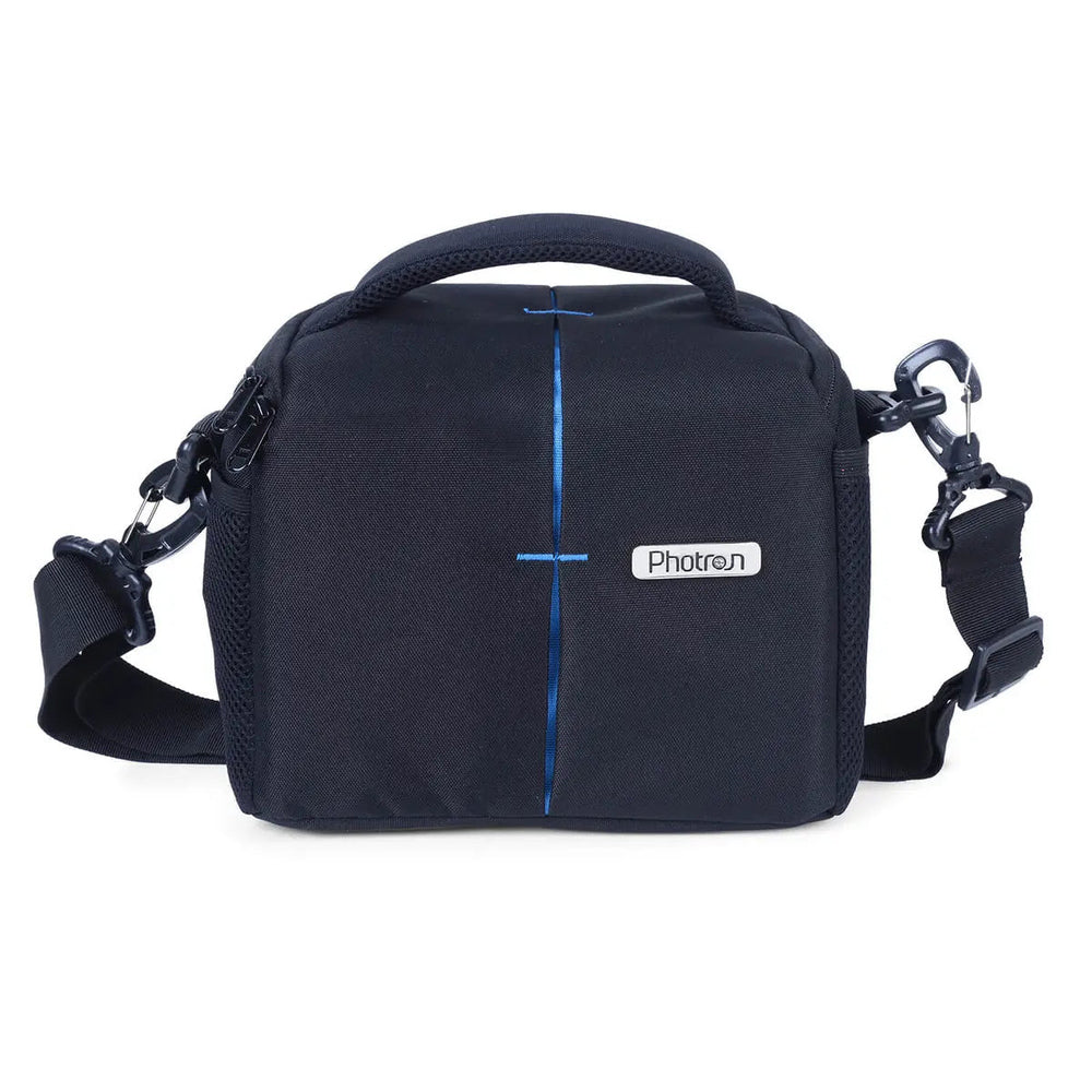 Photron Adventura 100 black camera shoulder bag front view with top handle and shoulder strap