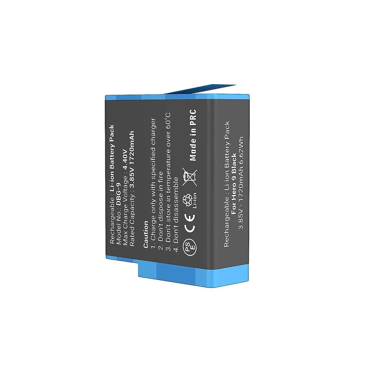 Digitek DBG-9 Platinum 1720mAh battery rear label showing 3.85V and 1720mAh specifications for GoPro HERO9, HERO10 and HERO11