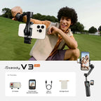 A person outdoors on a grassy hill holds a gimbal phone mount with a smartphone attached. The image also includes product text reading 'iSteady V3 Ultra' and a 'In The Box' section showing included accessories: an AI tracker, touchscreen remote controller, USB-C cable, and storage pouch.
