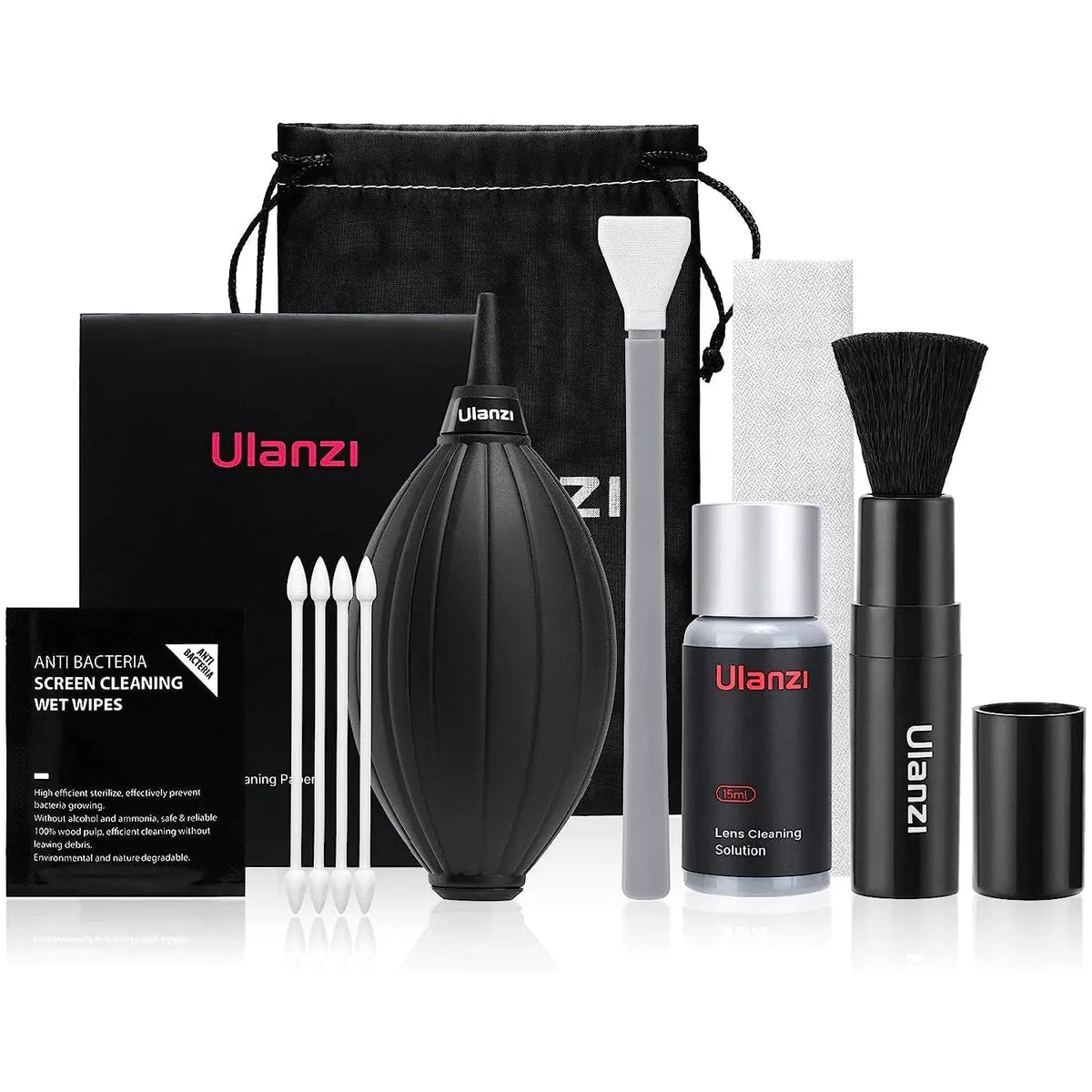 Ulanzi 9-in-1 camera lens cleaning kit for Canon Sony Nikon DSLR mirrorless cameras with blower, cleaning tools and black carrying pouch